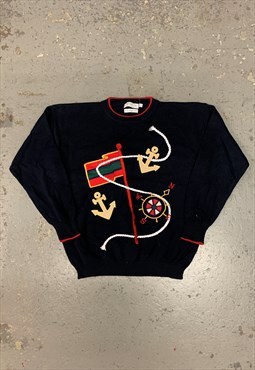 Vintage Abstract Knitted Jumper Anchor Pattern Grandad Knit