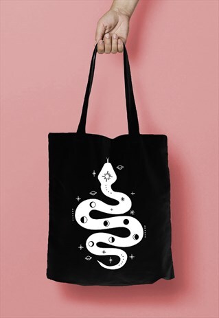 SPACE SNAKE MOON PHASE PRINT COTTON TOTE BAG WHITE ON BLACK