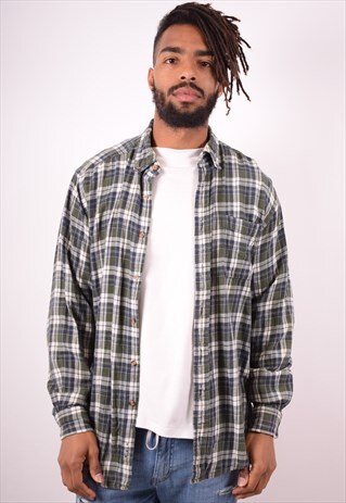 MENS VINTAGE FLANNEL SHIRT LARGE GREEN CHECK 90S