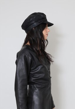 New Vintage Style Black Faux Leather Baker Boy Fiddler Hat