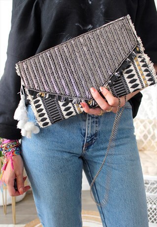 BAG SILVER BEADS AND ETHNIC EMBROIDERY ON FRONT AND BACK