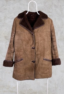 Vintage 80s Sheepskin Coat Brown Large Janton Shearling 
