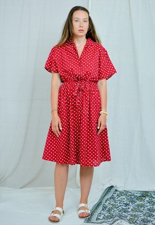 RED PINUP DRESS VINTAGE POLKA DOTS MOD SHORT SLEEVE COTTON