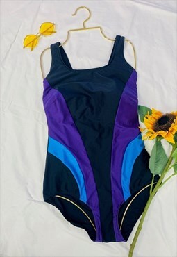 Vintage 80s Black Colour Block Striped Swimsuit