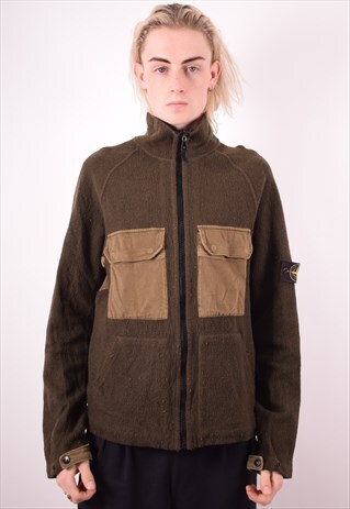 STONE ISLAND MENS VINTAGE CARDIGAN SWEATER XL KHAKI 90S