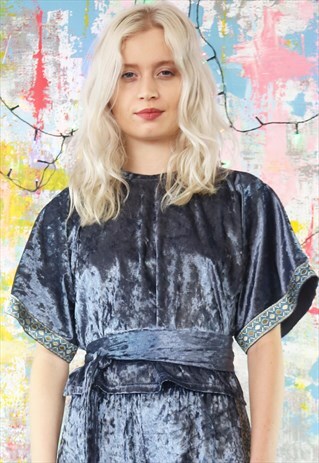 SILVER BLUE VELVET KIMONO SLEEVE TOP