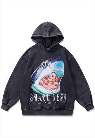 SHARK PRINT HOODIE MOVIE PULLOVER CREEPY CARTOON JUMPER GREY