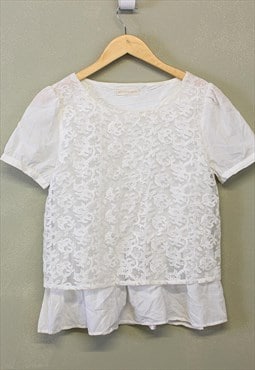 Vintage Y2K Ruffle Lace Top White Short Sleeve 