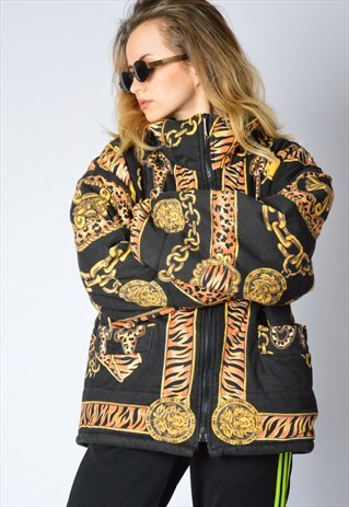 VINTAGE 80S BLACK AND YELLOW CHAIN LEOPARD PRINT JACKET
