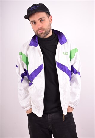 MENS VINTAGE TRACKSUIT TOP JACKET MEDIUM WHITE 90S