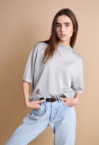 COOL 90'S RETRO MINIMALIST SHIMMER NEUTRAL BLOUSE TOP