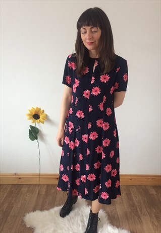 VINTAGE 80S NAVY & PINK FLORAL MIDI DRESS