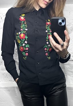 70s Boho Colorful Floral Black Shirt / Blouse 