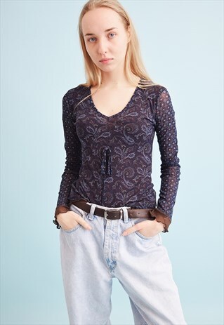 90'S RETRO PAISLEY PRINT KITSCH SHEER PARTY TOP BLOUSE