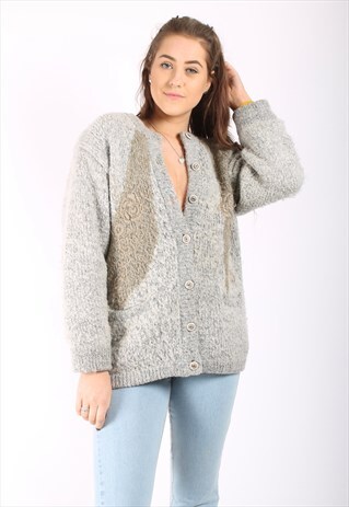 VINTAGE 80S CHUNKY CARDIGAN IN GREY WITH FLORAL EMBROIDERY