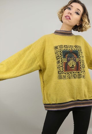 VINTAGE 90S OVERSIZED PATTERNED YELLOW SWEATER SWEATSHIRT