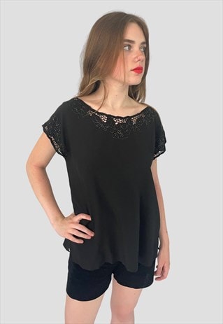 70's Black Vintage Ladies Smock Style Lurex Lace Blouse