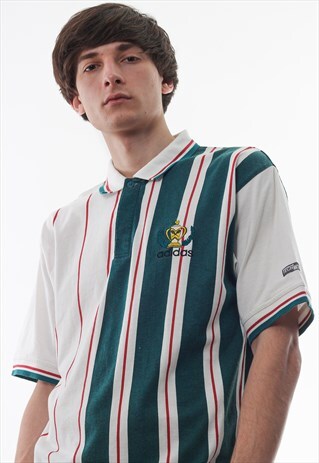 VINTAGE ADIDAS ORIGINAL 90S WHITE GREEN STRIPED SHORT SLEEVE