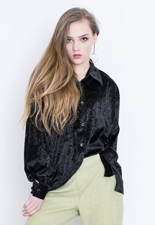 VINTAGE BLACK VELVET LONG SLEEVE RETRO SHIRT