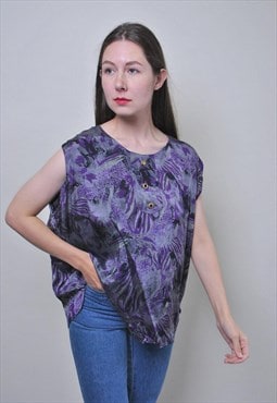 Vintage 90s purple blouse, abstract summer blouse loose 