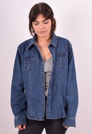 WOMENS VINTAGE DENIM SHIRT LARGE BLUE 90S