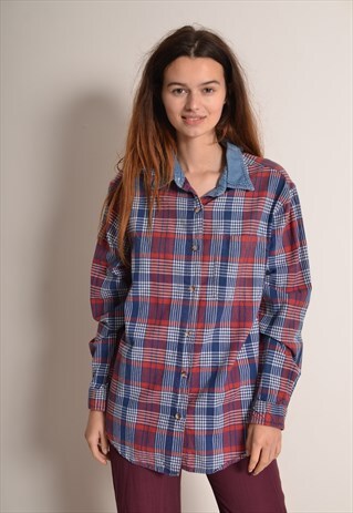 VINTAGE 90S CHECK FLANNEL SHIRT WITH DENIM COLLAR IN RED