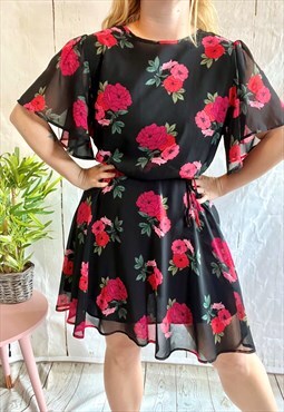 Vintage Black & Red Floral Rose Print Y2K Mini Dress