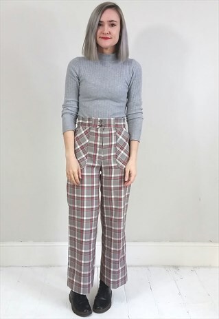 VINTAGE 70'S RED, WHITE AND BROWN TARTAN FLARES TROUSERS