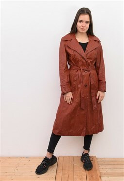 Vintage 80's Leather Belted Trench Mac Long Coat Jacket 