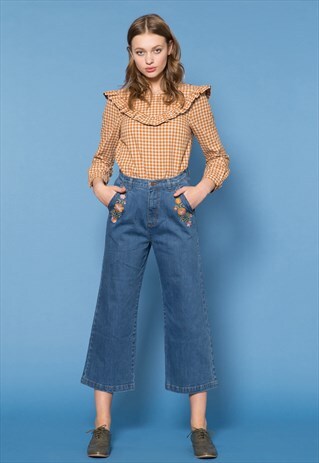 YELLOW GINGHAM RUFFLED V-SHOULDER TOP