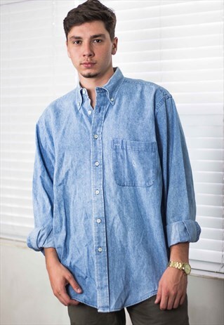 VINTAGE NAUTICA SHIRT DENIM LOGO 90S L 15.9