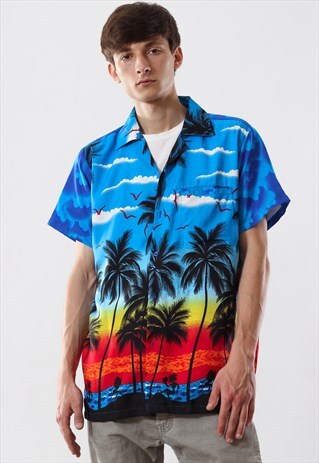 VINTAGE HAWAIIAN 90S BLUE ALOHA ISLANDS PATTERNED PRINTED