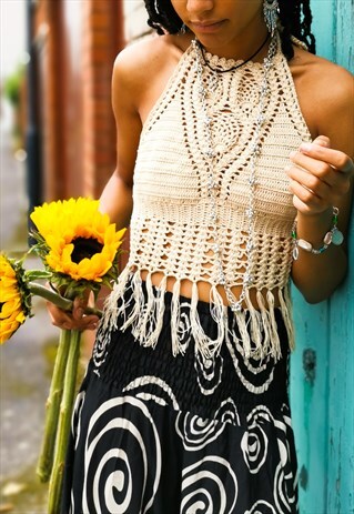 FAIRTRADE BEIGE FESTIVAL CROCHET CROP HIGH NECK HALTER TOP