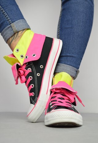 90S CONVERSE BLACK WITH FLUORESCENT PINK & YELLOW HI TOPS