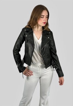 Ladies Vintage Recycled Black Leather Biker Jacket Silver 