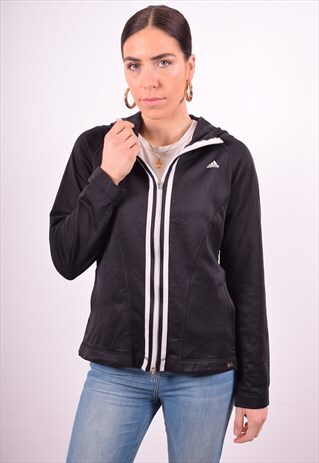 ADIDAS WOMENS VINTAGE HOODIE JACKET MEDIUM BLACK 90'S