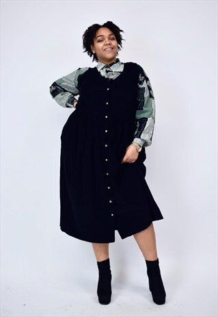 VINTAGE 90'S BLACK CORDUROY LONG BUTTON UP DRESS