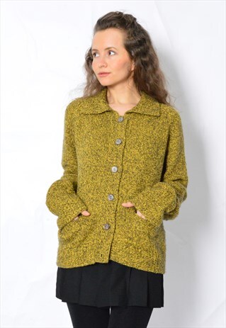 VINTAGE 90S KHAKI YELLOW WOOL BLEND CARDIGAN