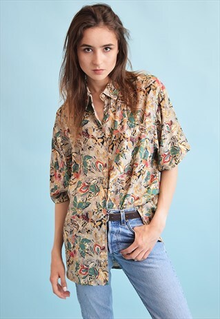 90'S RETRO ABSTRACT FLORAL PRINT OVERSIZED DADS BLOUSE TOP