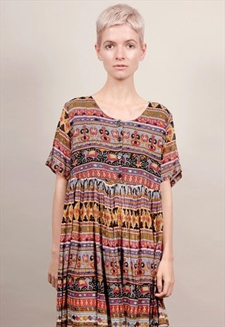 VINTAGE 90'S INDIAN MULTICOLOUR PRINT BUTTON DRESS