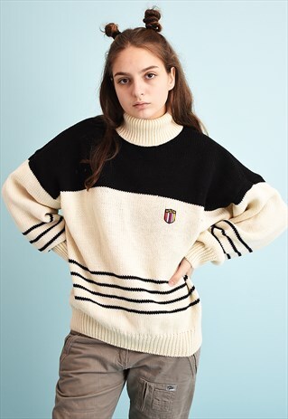 80'S RETRO VALENTINO ROLL NECK STRIPED WOOL KNIT JUMPER