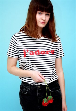 J'ADORE STRIPE SLOGAN FASHION T SHIRT