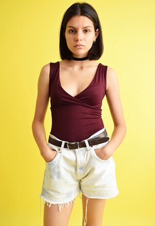 90'S RETRO BURGUNDY SPARKLING LYCRA BLOUSE TOP