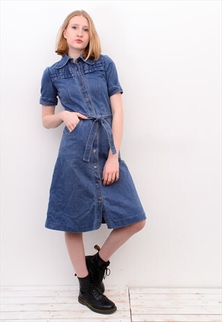 VINTAGE WOMEN'S S DENIM BOHO MIDI BUTTON UP BELTED DRESS
