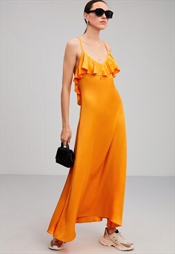 Satin Dress with Ruffle Detail in Orange