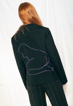 Vintage Blazer 70s Reworked Feminist Embroidery Black Coat