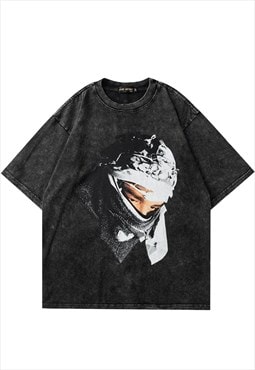 Rapper t-shirt balaclava tee vintage wash hip-hop top grey