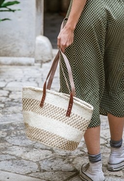Beach Basket Bag Handwoven Summer Tote Straw Bag Boho Market