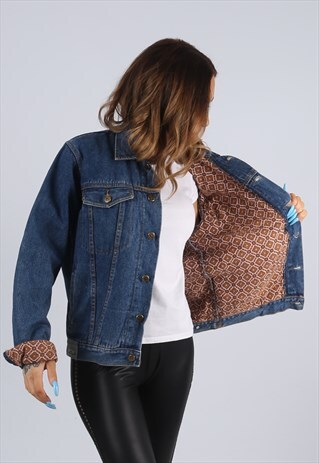 VINTAGE DENIM JACKET PATTERNED PRINT LINED UK S 10 (J2X)