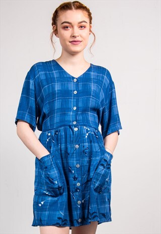 VINTAGE 90'S BLUE CHECK FLORAL DETAIL BUTTON FRONT DRESS